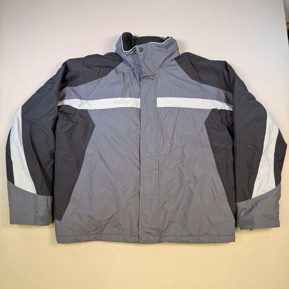 Columbia Jacket Mens XL Grey Full Zip Lined Hidden Hood Pocket Outdoor Snow Warm